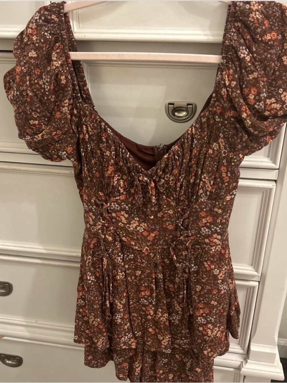 Brown Floral Puff Sleeve Romper